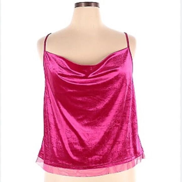 Anthropologie Maeve Vibrant Pink Velvet Tank Top with Semi Sheer Hemline - Picture 2 of 13